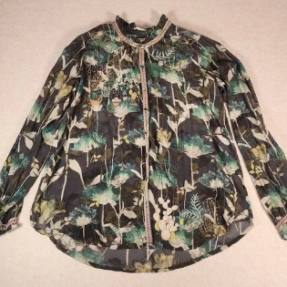Johnny Was Biya Floral Embroidered Cactus Cacti Print Silk Blouse Top Size S